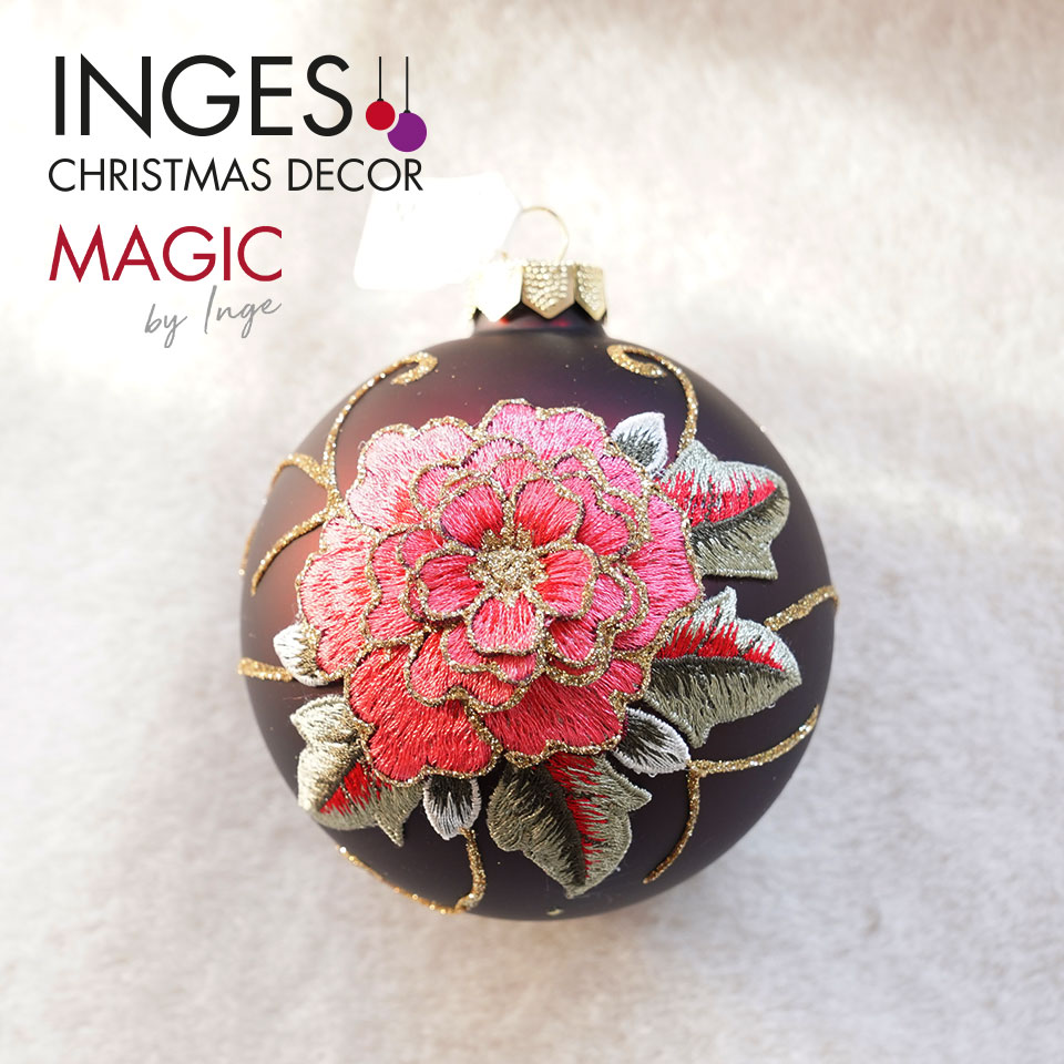 クリスマスツリー オーナメント ドイツ INGE-GLAS MAGIC バラが刺繍で描かれたボールオーナメン レッド 10cm _[110014]  s60