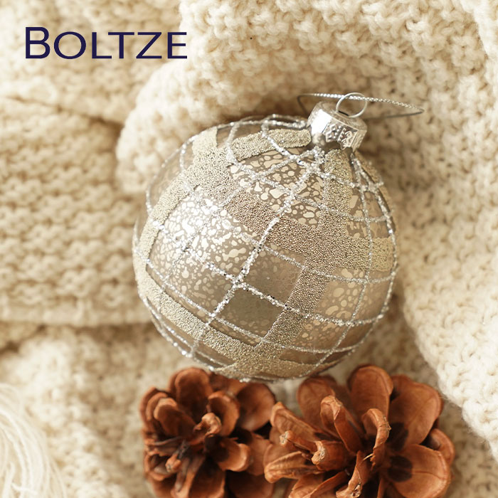 クリスマスツリー オーナメント ドイツ BOLTZE(ボルツ) ガラスボール ファビウス 1個入 [5] 8cm シルバーグレー タータンチェック チェック柄 _[190010-5]  s60