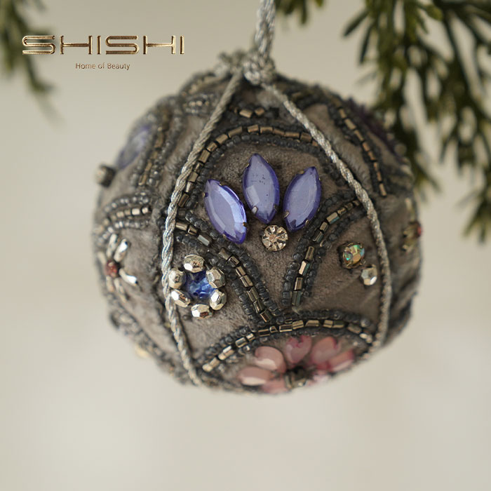 クリスマスツリー オーナメント 北欧 SHISHI (シシ) ベルベットボール グレーフローラルジェム 7.5cm _[170018]  s60