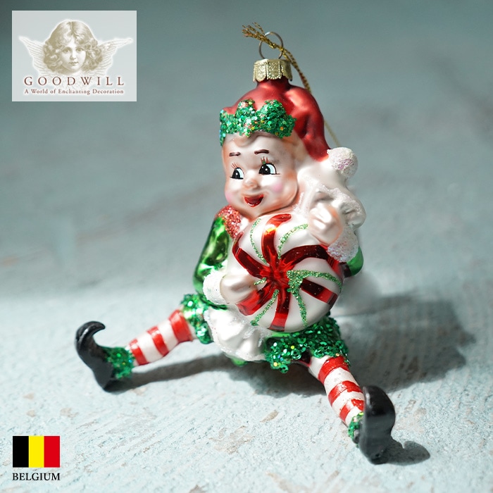クリスマスツリー 飾り付け オーナメント ベルギー GOODWILL (グッドウィル) エルフ ガラスオーナメント［2］グリーン 12.5cm _YA92408-2[150132-2]  s60