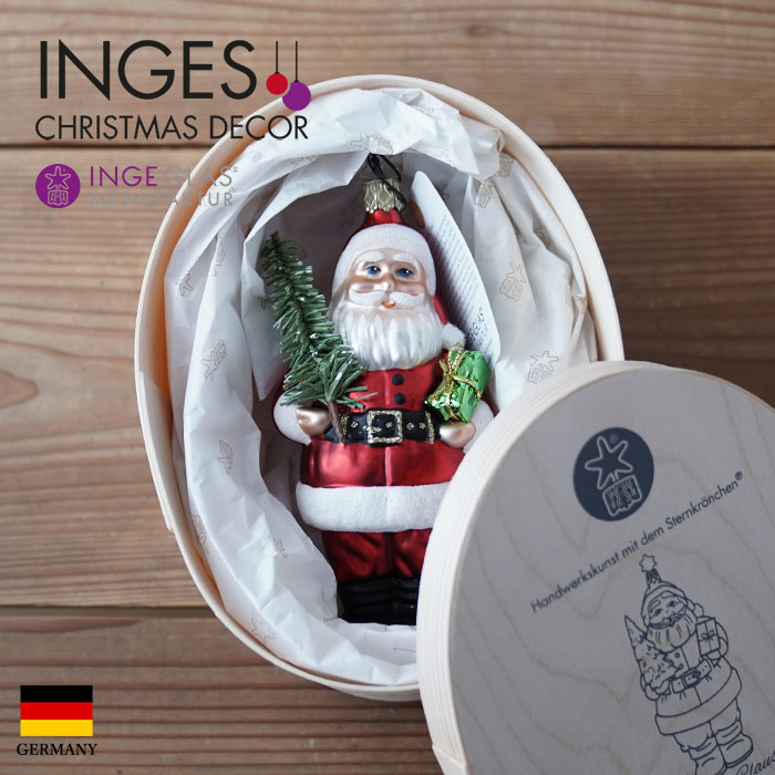 クリスマスツリー 飾り ガラス製 オーナメント ドイツ INGE-GLAS MANUFAKTUR（インゲ・グラス）2025年限定 ツリーとプレゼントをもったサンタクロース14cm _[100412]  s60