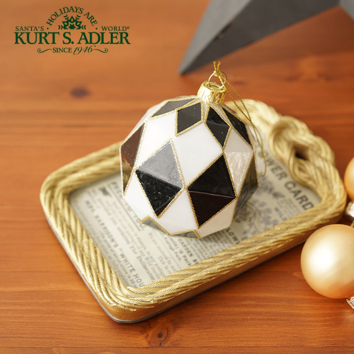 クリスマスツリー オーナメント KurtS.Adler (カーツアドラー) プラッドボール 黒と白 ガラスボール ダイヤモンドパターン丸型 8cm _[180001-1]  s60