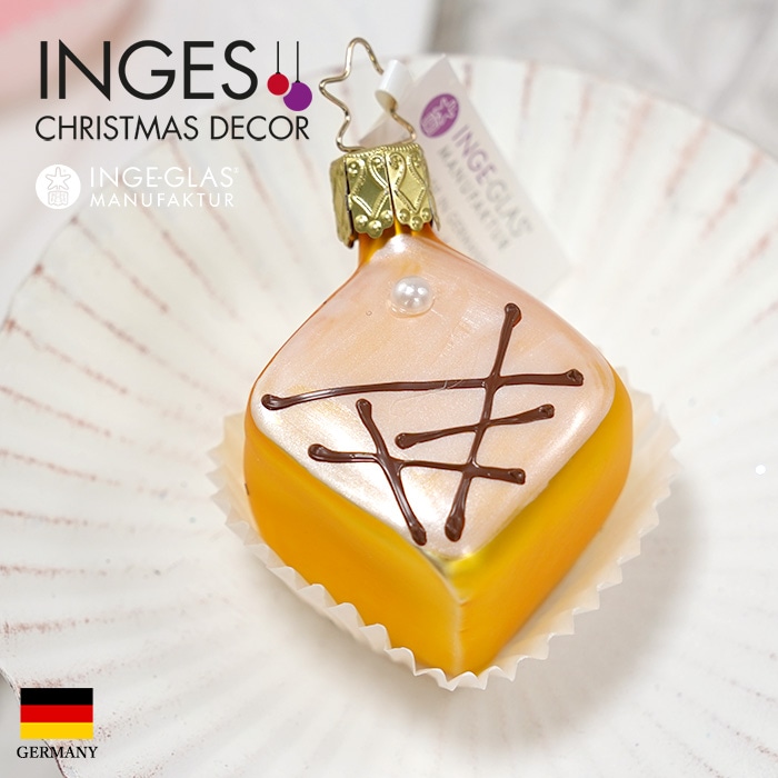クリスマスツリー 飾り ガラス製 オーナメント INGE-GLAS MANUFAKTUR インゲ・グラス プチフール プチケーキ スイーツ お菓子 オレンジ ゴールド 6.5cm 1個（10071S020）