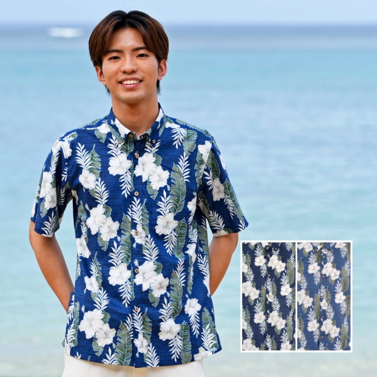 EM1883B　メンズ　＜ストハイビ柄＞　ボタンダウン