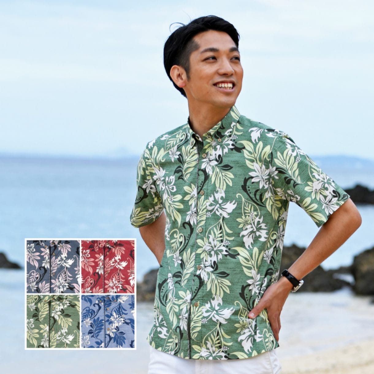 EM1884B　メンズ　＜ストアロハ柄＞　ボタンダウン