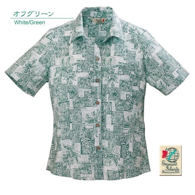 【アウトレット】【オフグリーン・11号のみ】EM1167　レディース　＜パッチワーク柄＞　スキッパー半袖