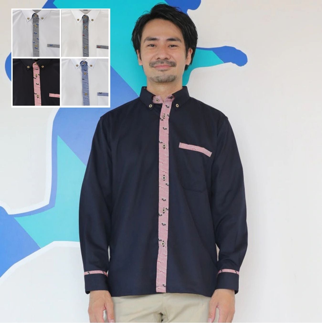 T1903　メンズ　＜霊芝波紋様使い＞　ボタンダウン　長袖