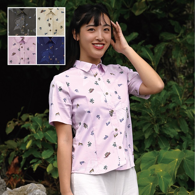 【数量わずか】OK1146　レディース　＜ハーリーシーサー柄＞　シャツカラー半袖
