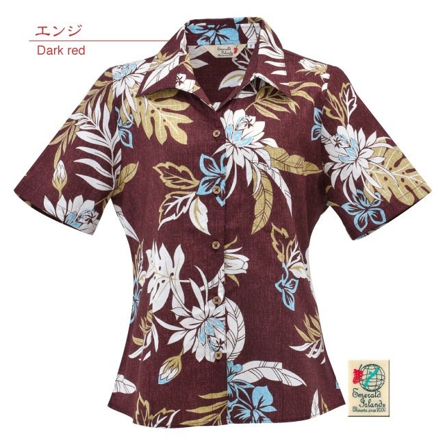 【アウトレット】【エンジ・7号のみ】EM1168　レディース　＜月下美人柄＞　スキッパー半袖