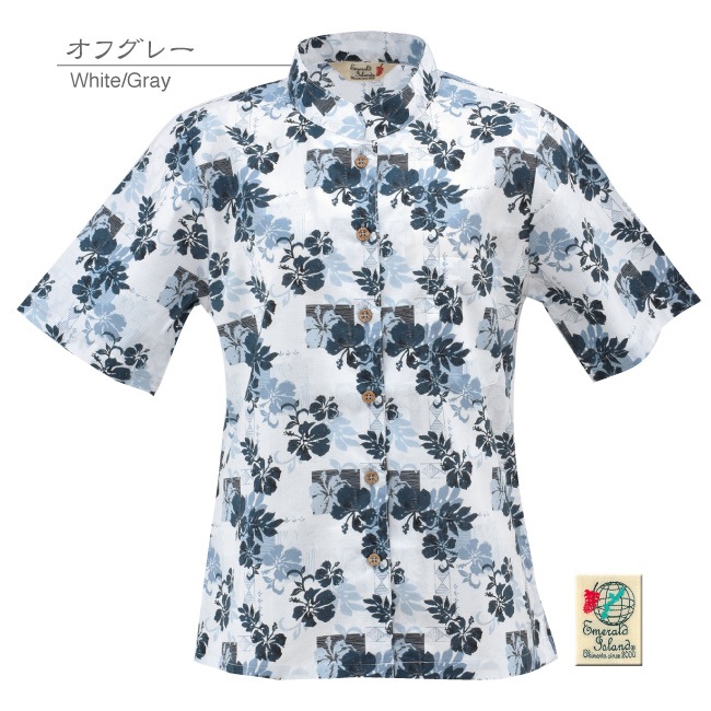 【アウトレット】【オフグレー】EM1169　レディース　＜パッチワーク柄＞　マオカラー半袖