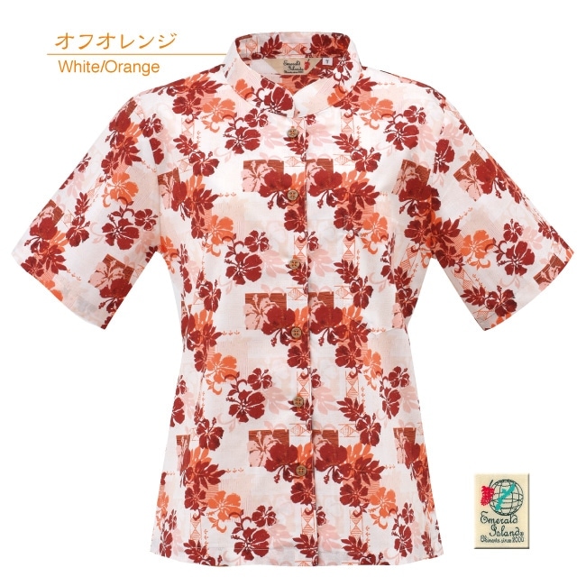 【アウトレット】【オフオレンジ】EM1169　レディース　＜パッチワーク柄＞　マオカラー半袖