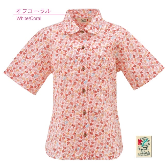 【アウトレット】【オフコーラル】EM1172　レディース　＜ツルラン小花柄＞　丸首半袖シャツ　リップル加工