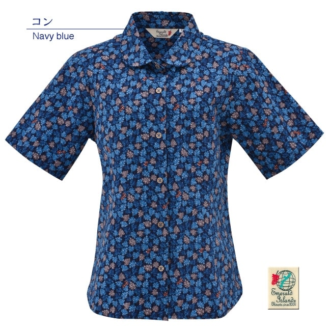 【アウトレット】【コン・7・9・11号のみ】EM1172　レディース　＜ツルラン小花柄＞　丸首半袖シャツ　リップル加工