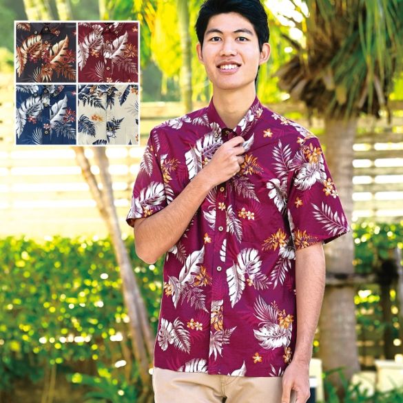 EM1897　メンズ　＜デイゴ・モンステラ柄＞　ボタンダウン