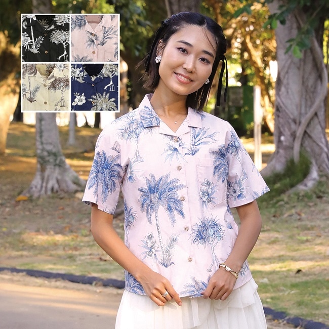 EM1194　レディース　＜ヤシ柄＞　開襟　半袖