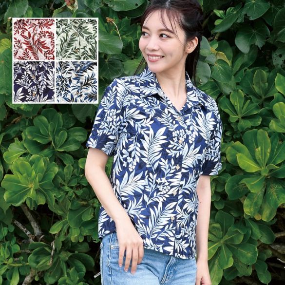 EM1196　レディース　＜リーフ・ブーゲン柄＞　スキッパー　半袖