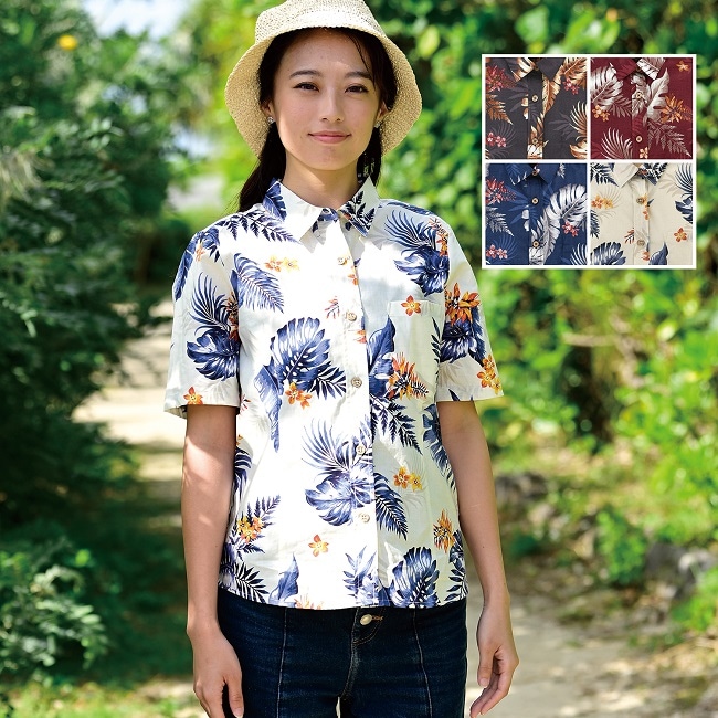 EM1197　レディース　＜デイゴ・モンステラ柄＞　シャツカラー　半袖