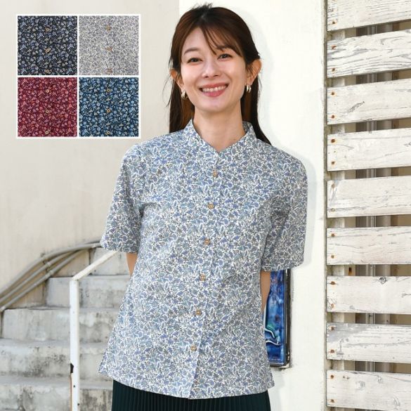 EM1198　レディース　＜サラサ柄＞　マオカラー　半袖