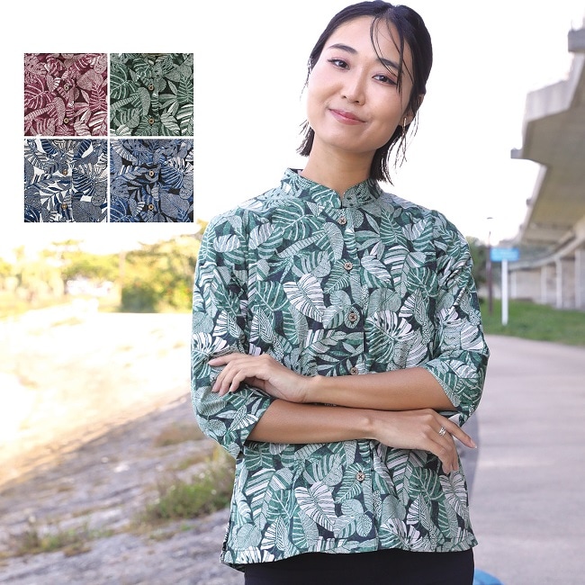 EM11500　レディース　＜沖縄リーフ柄＞　マオカラー　七分袖