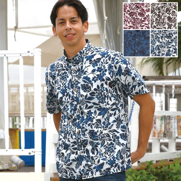 G1874　メンズ　＜プルメリア・月桃柄＞　ボタンダウン