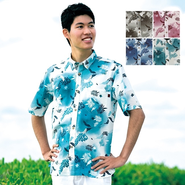 G1876　メンズ　＜月桃・リーフ柄＞　ボタンダウン