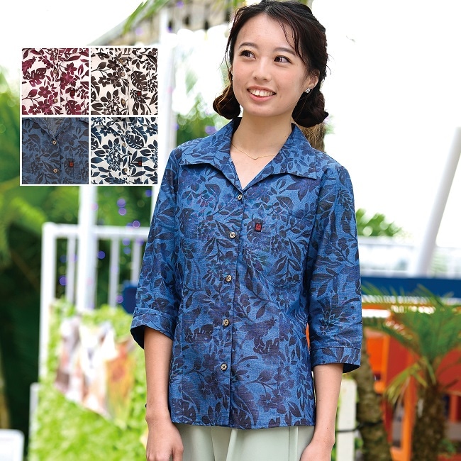 G1174　レディース　＜プルメリア・月桃柄＞　スキッパー　七分袖