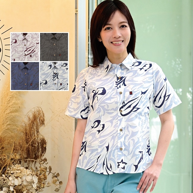 G1175　レディース　＜ジンベイザメ柄＞　シャツカラー　半袖
