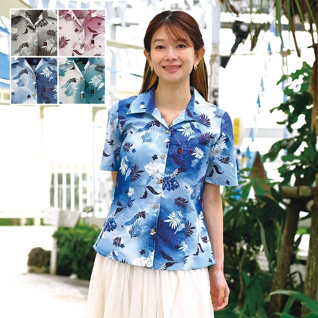 G1176　レディース　＜月桃・リーフ柄＞　スキッパー　半袖