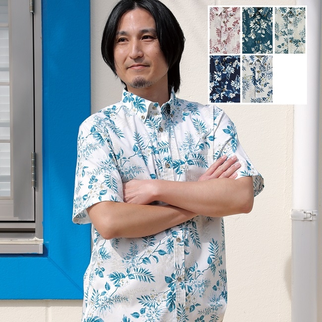 OK1854　メンズ　＜デイゴ・プルメリア柄＞　ボタンダウン