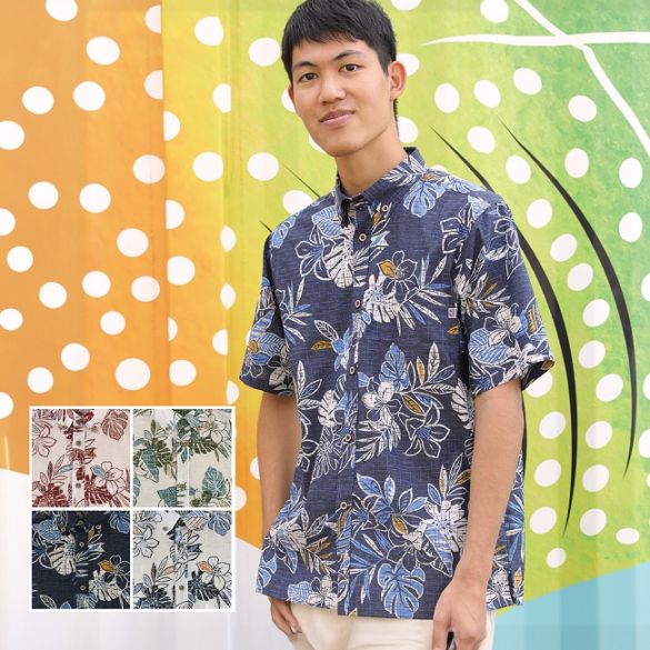OK1856　メンズ　＜テッポウユリ・リーフ柄＞　ボタンダウン