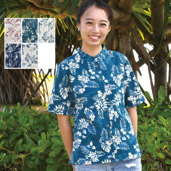 OK1154　レディース　＜デイゴ・プルメリア柄＞　マオカラー　半袖
