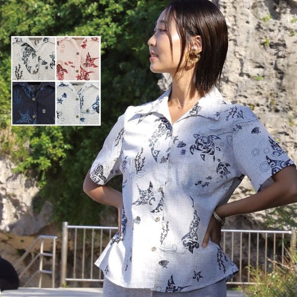 OK1155　レディース　＜海の生き物柄＞　スキッパー　半袖