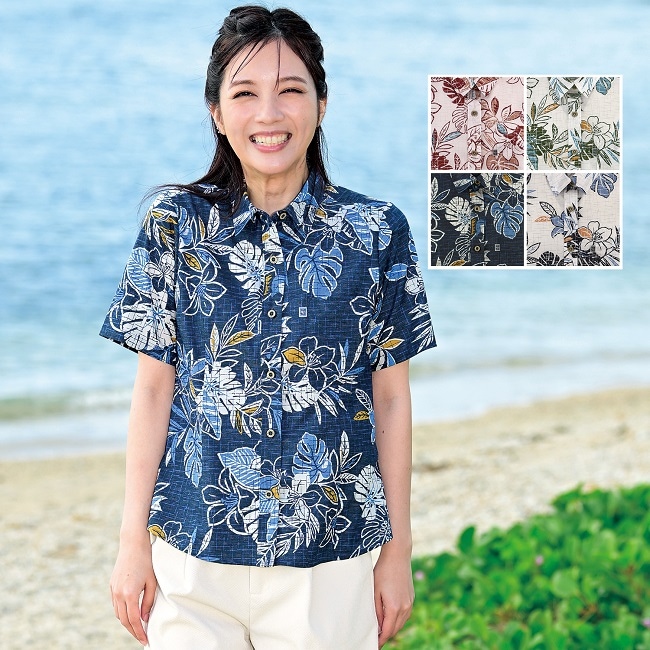 OK1156　レディース　＜テッポウユリ・リーフ柄＞　シャツカラー　半袖