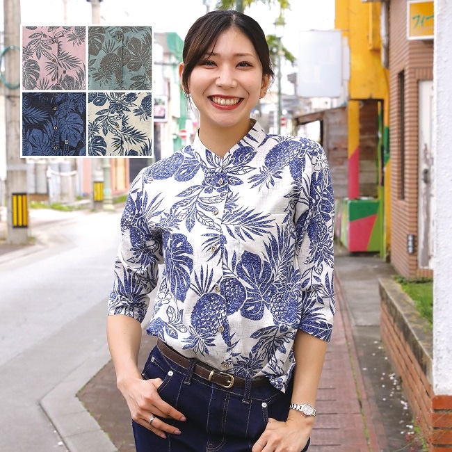 OK1157　レディース　＜パイン柄＞　マオカラー　七分袖