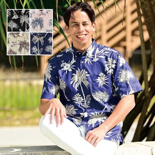 EM1894B　メンズ　＜ヤシ柄＞　ボタンダウン