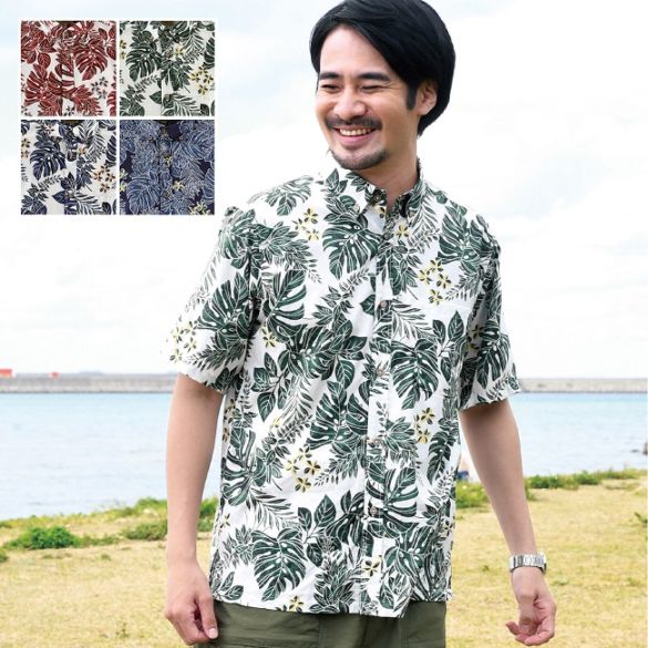 EM1899B　メンズ　＜デイゴ・モンステラ柄＞　ボタンダウン