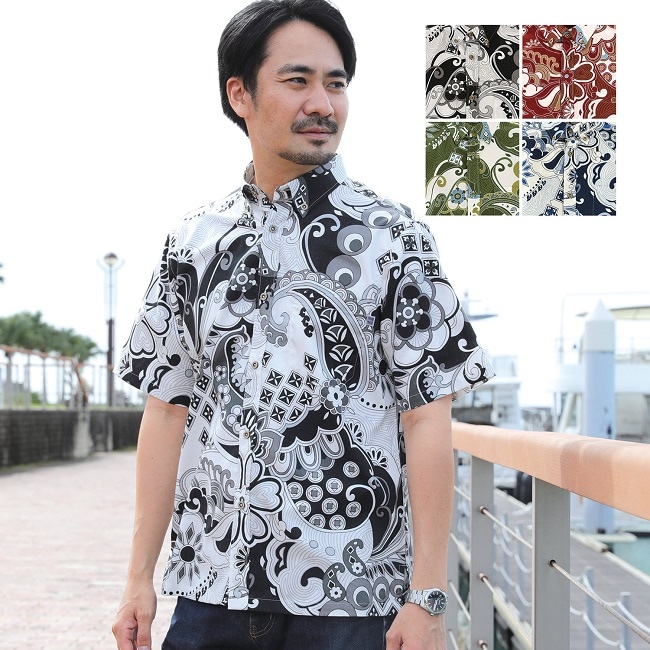 OK1859B メンズ <オオハマボウ柄> ボタンダウン