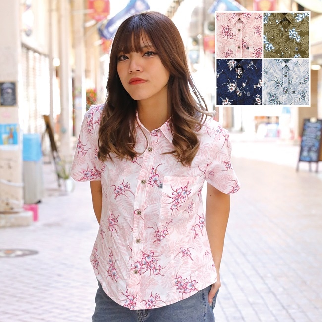 OK1161　レディース　＜ジンジャー・リーフ柄＞　シャツカラー　半袖