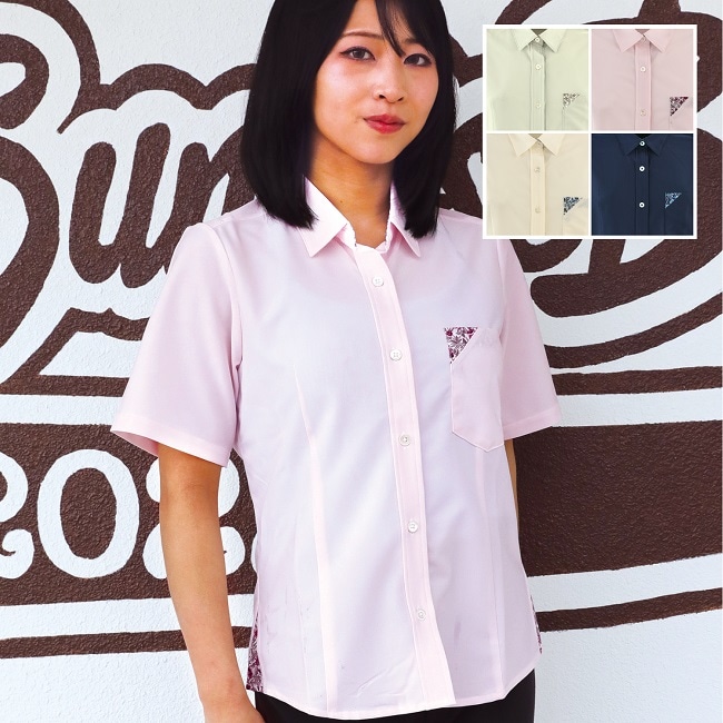 T1101　レディース　＜小花柄使い＞　シャツカラー　半袖