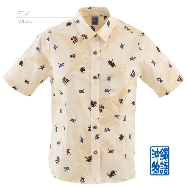 OK1163　レディース　＜マンタ柄＞　シャツカラー　半袖