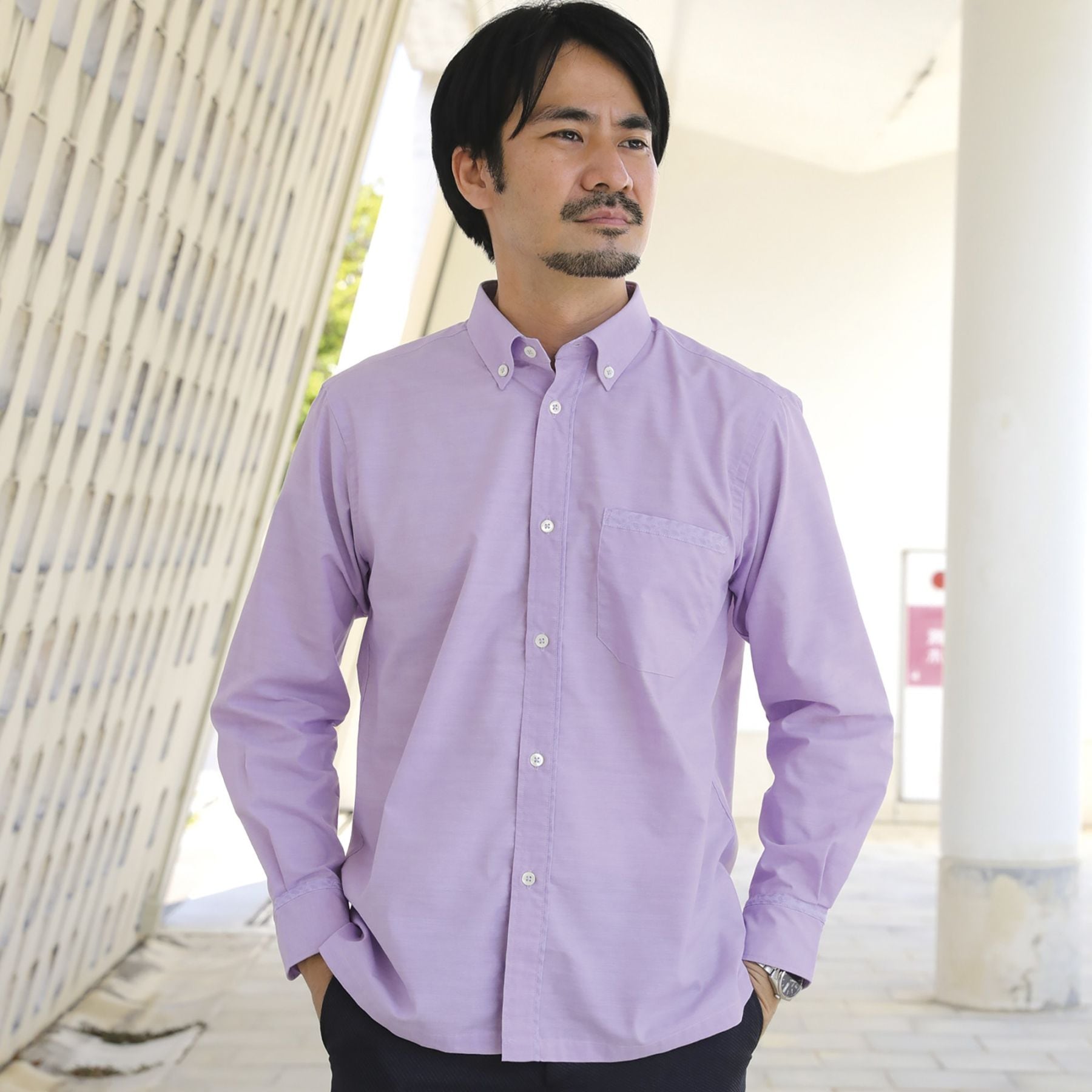 OM1913　メンズ　＜沖縄花デイゴ部分使い＞　ボタンダウン　長袖