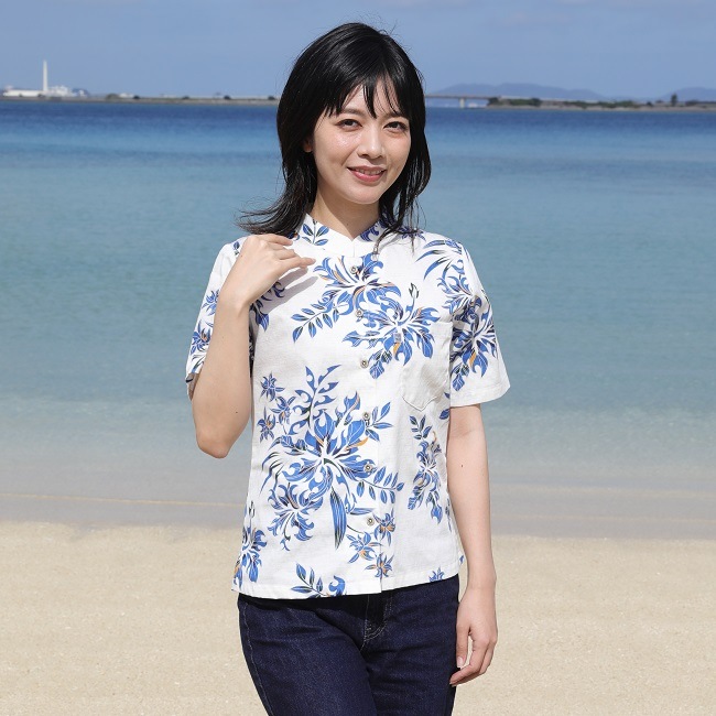 moteさま御専用 パイカジ かりゆしウェア タコ柄 OK1151 レディース <トライバルハイビ柄> マオカラー半袖通販