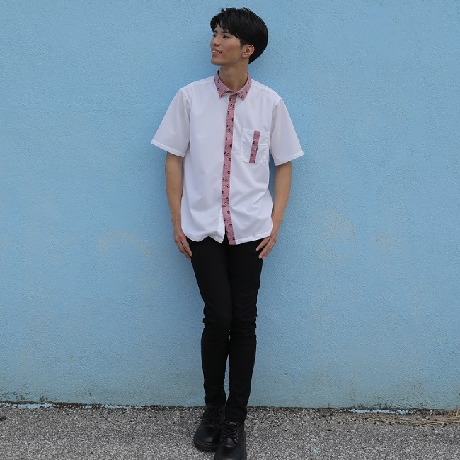 T1805　メンズ　＜七宝紋様柄使い＞　ボタンダウン