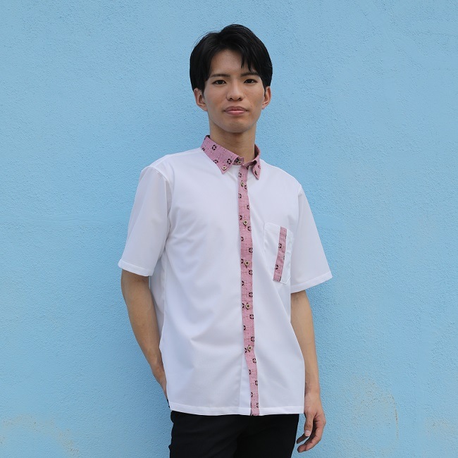 T1805　メンズ　＜七宝紋様柄使い＞　ボタンダウン