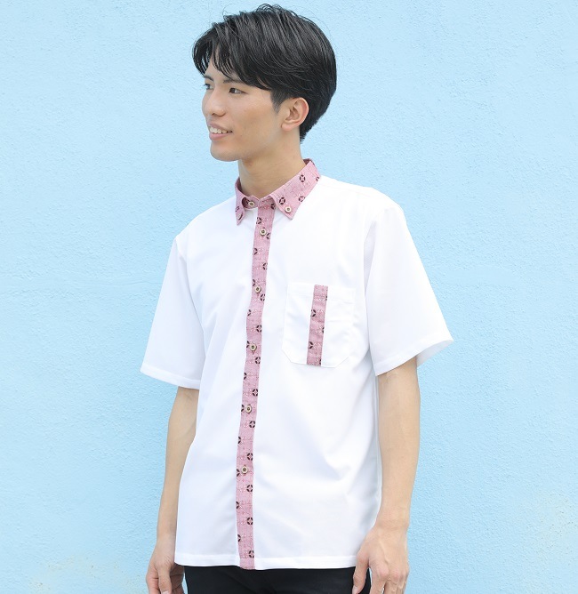 T1805　メンズ　＜七宝紋様柄使い＞　ボタンダウン