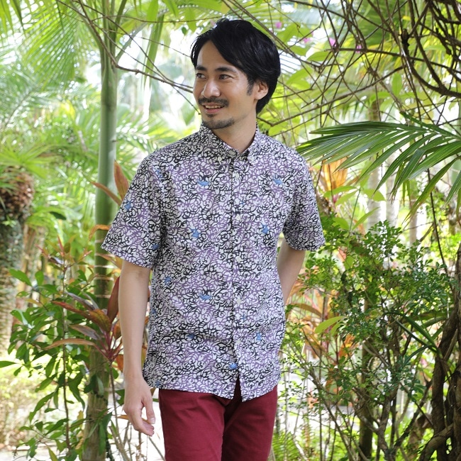 OK1848B　メンズ　＜紅型ジンベイ柄＞　ボタンダウン