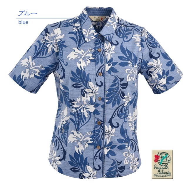 EM1184　レディース　＜ストアロハ柄＞　シャツカラー　半袖