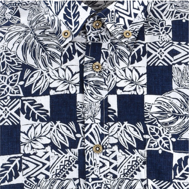 OK190-1　メンズ　＜沖縄花リーフパッチワーク柄＞　ボタンダウン　長袖