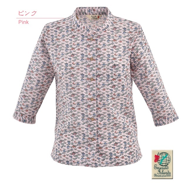 EM1186　レディース　＜青海波柄＞　マオカラー　七分袖
