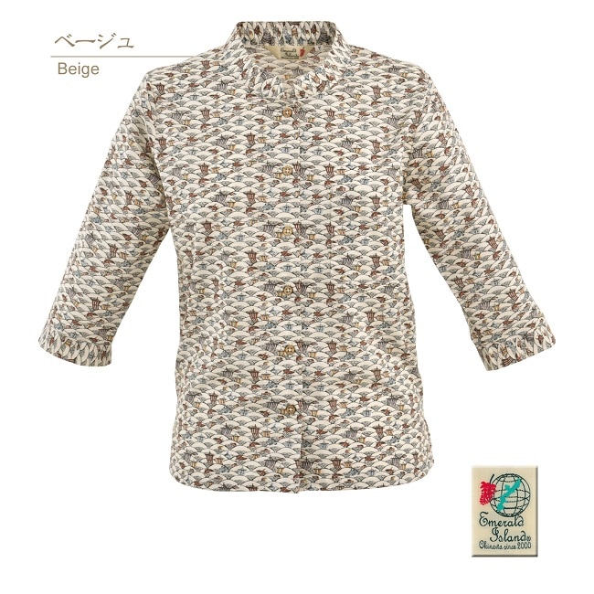 EM1186　レディース　＜青海波柄＞　マオカラー　七分袖